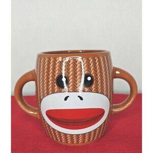 Galerie Sock Monkey Brown Double Handle Coffee Mug‎ Ceramic 16oz Make Up Brush